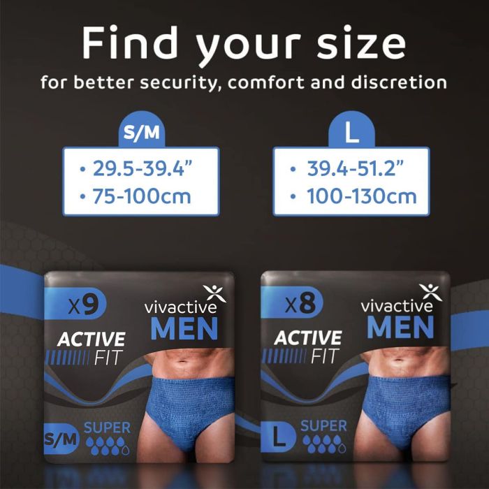 Multipack 6x Vivactive Men Active Fit Underwear Small/Medium (1700ml) 9 Pack - sizing