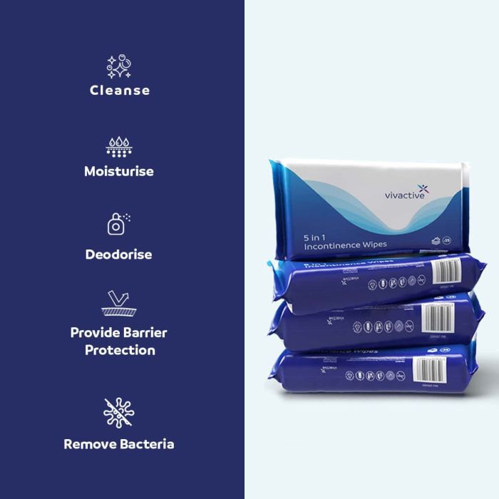 Multipack 22x Vivactive 5-in-1 Incontinence Wipes 25 Pack - features