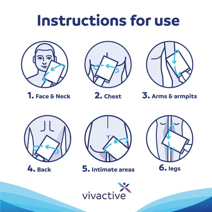Multipack 30x Vivactive Fragrance-Free Wet Wash Gloves 8 Pack - usage instructions