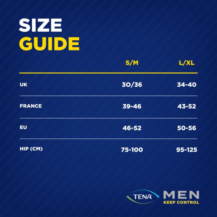 TENA Men Premium Fit Protective Underwear Small/Medium (1350ml) 10 Pack - size guide