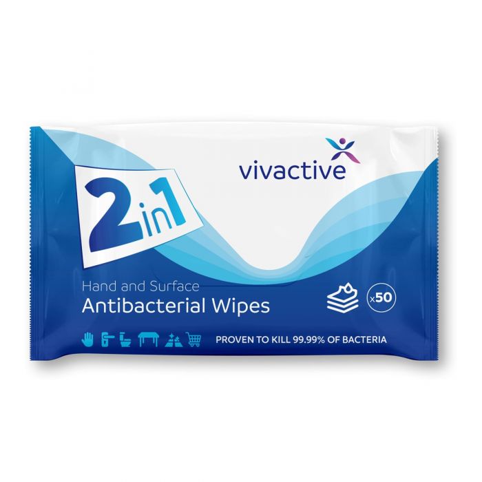 Multipack 12x Vivactive Antibacterial Hand & Surface Wipes - 50 Pack - Pack