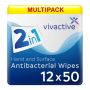Multipack 12x Vivactive Antibacterial Hand & Surface Wipes - 50 Pack - Multipack