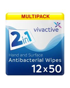 Multipack 12x Vivactive Antibacterial Hand &amp; Surface Wipes - 50 Pack - Multipack